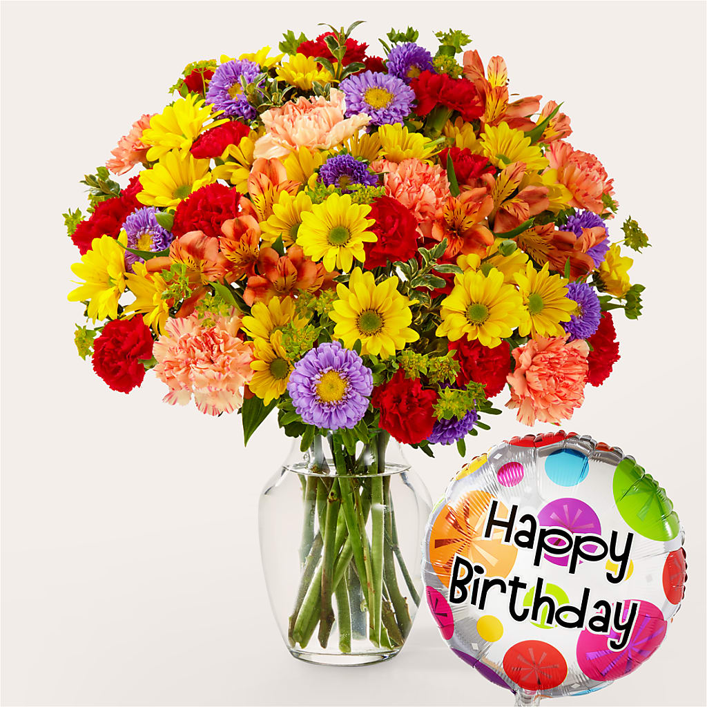 Kaleidoscope Bouquet with Birthday Balloon – ENCHANTED FLORIST & GREENHOUSE LTD, Maspeth NY