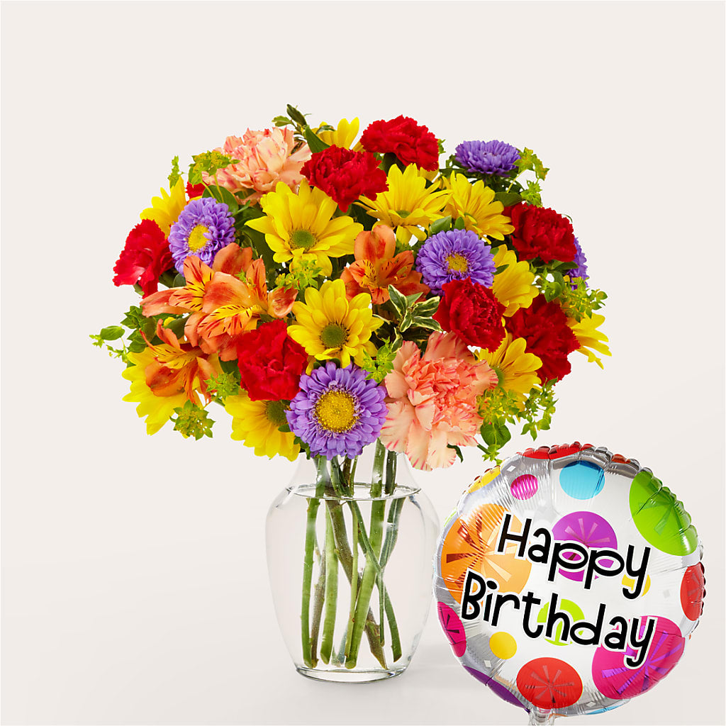 Kaleidoscope Bouquet with Birthday Balloon – ENCHANTED FLORIST & GREENHOUSE LTD, Maspeth NY