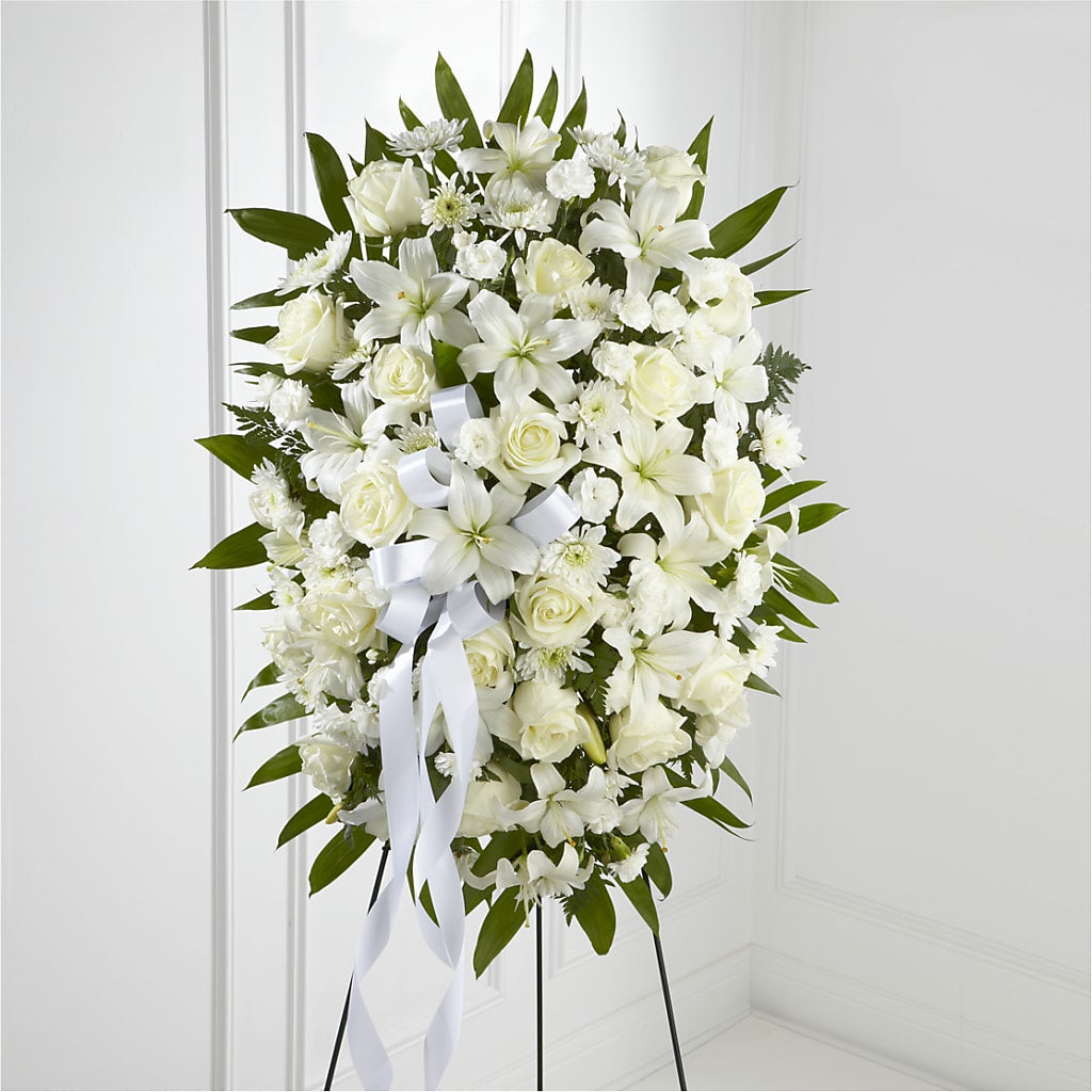 Exquisite Tribute Standing Spray-White Ribbon – ENCHANTED FLORIST & GREENHOUSE LTD, Maspeth NY