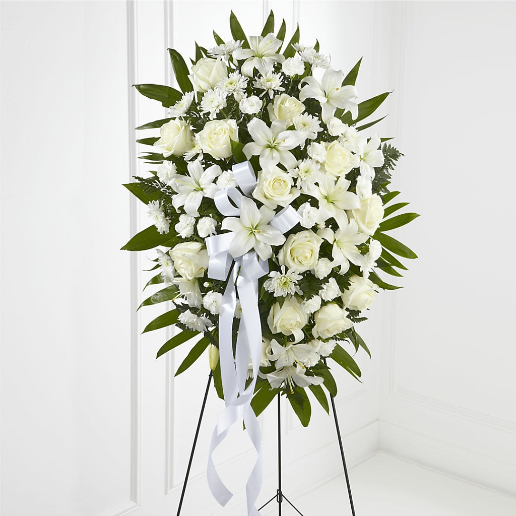 Exquisite Tribute Standing Spray-White Ribbon – ENCHANTED FLORIST & GREENHOUSE LTD, Maspeth NY